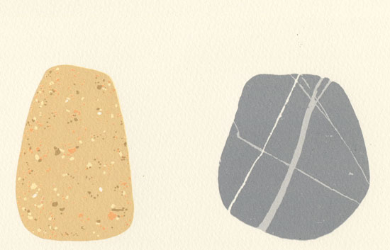 detail of pebble screen print by Emily Ketteringham. Two small rocks, one brown, one grey blue