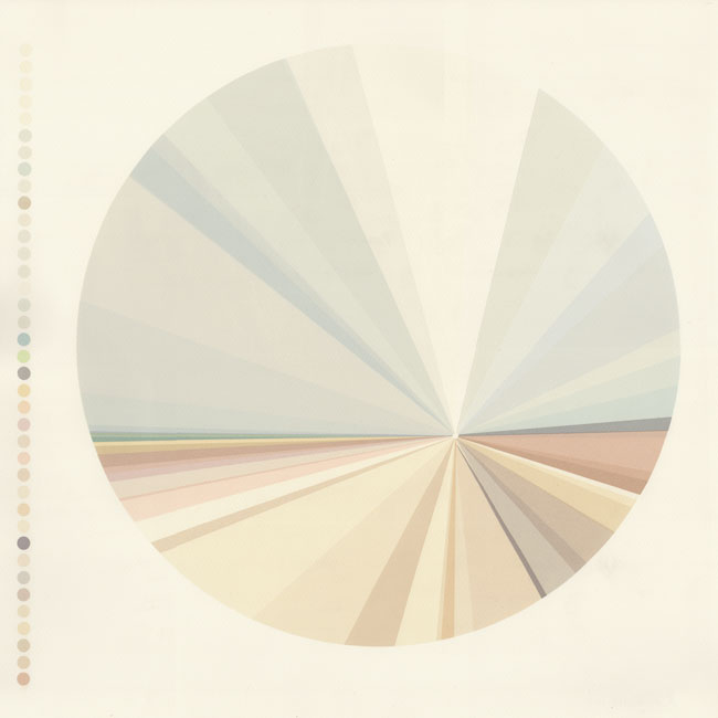 circular screenprint showing the colours of Wells-Next-The-Sea beach in Norfolk. The colours soft colours radiate in triangles from the outside of the circle, meeting at a point off set from the centre. Printed by Emily Ketteringham