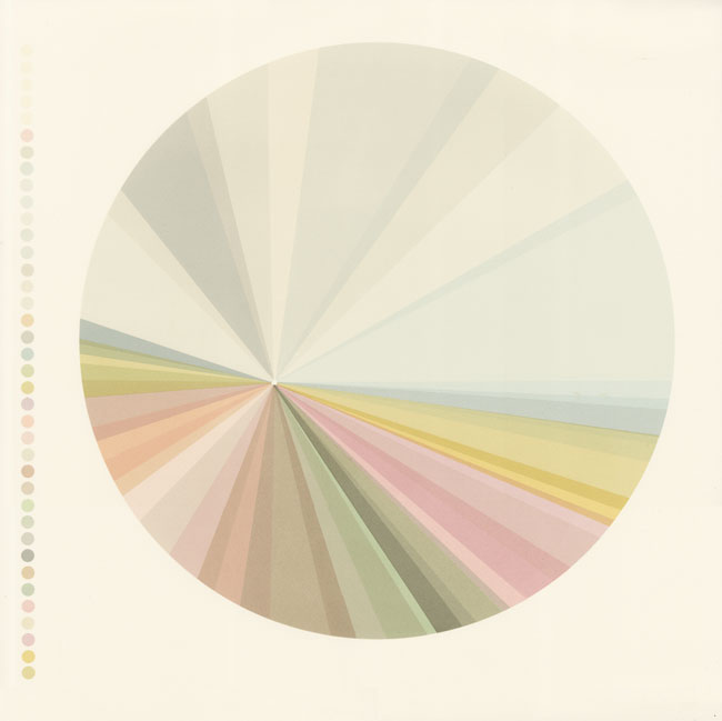 Circular screenprint showing the colours of the Northumberland landscape in September. The colours radiate in triangles from the outside of the circle, meeting at a point off set from the centre. Printed by Emily Ketteringham
