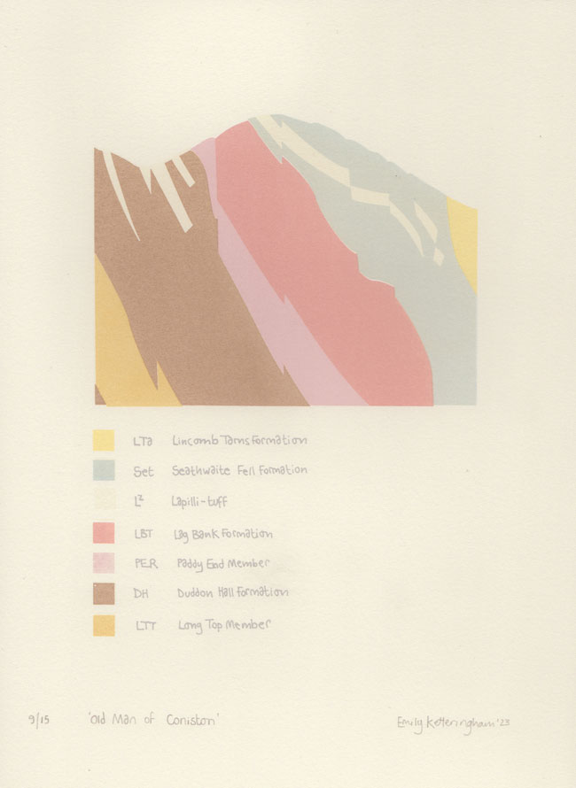 screenprint by Emiy Ketteringham showing a geological cross section of The Old Man of Coniston in the Lake District. Diagonal layers of pinks, brown, blue and yellow represent the different type of rock.
