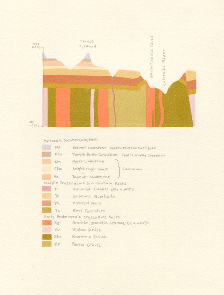 screenprint of a geological cross section of part of the Grand canyon, showing the horizontal and vertical layers of rock, printed in olive greens, oranges and ochre colours